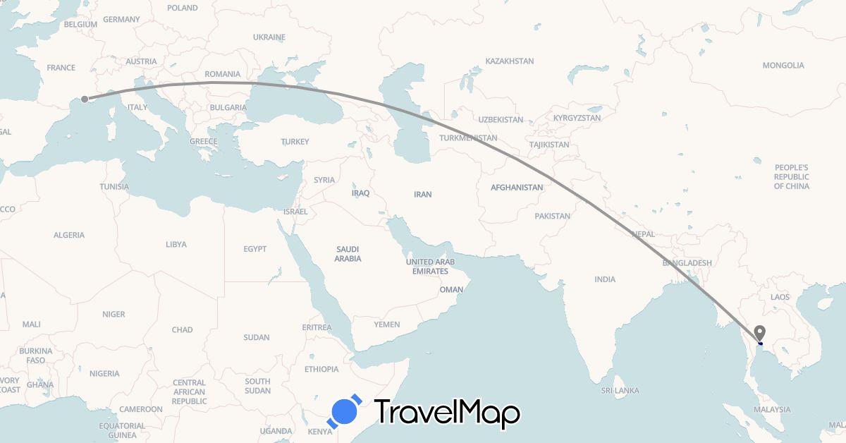 TravelMap itinerary: driving, plane, motorbike in France, Thailand (Asia, Europe)